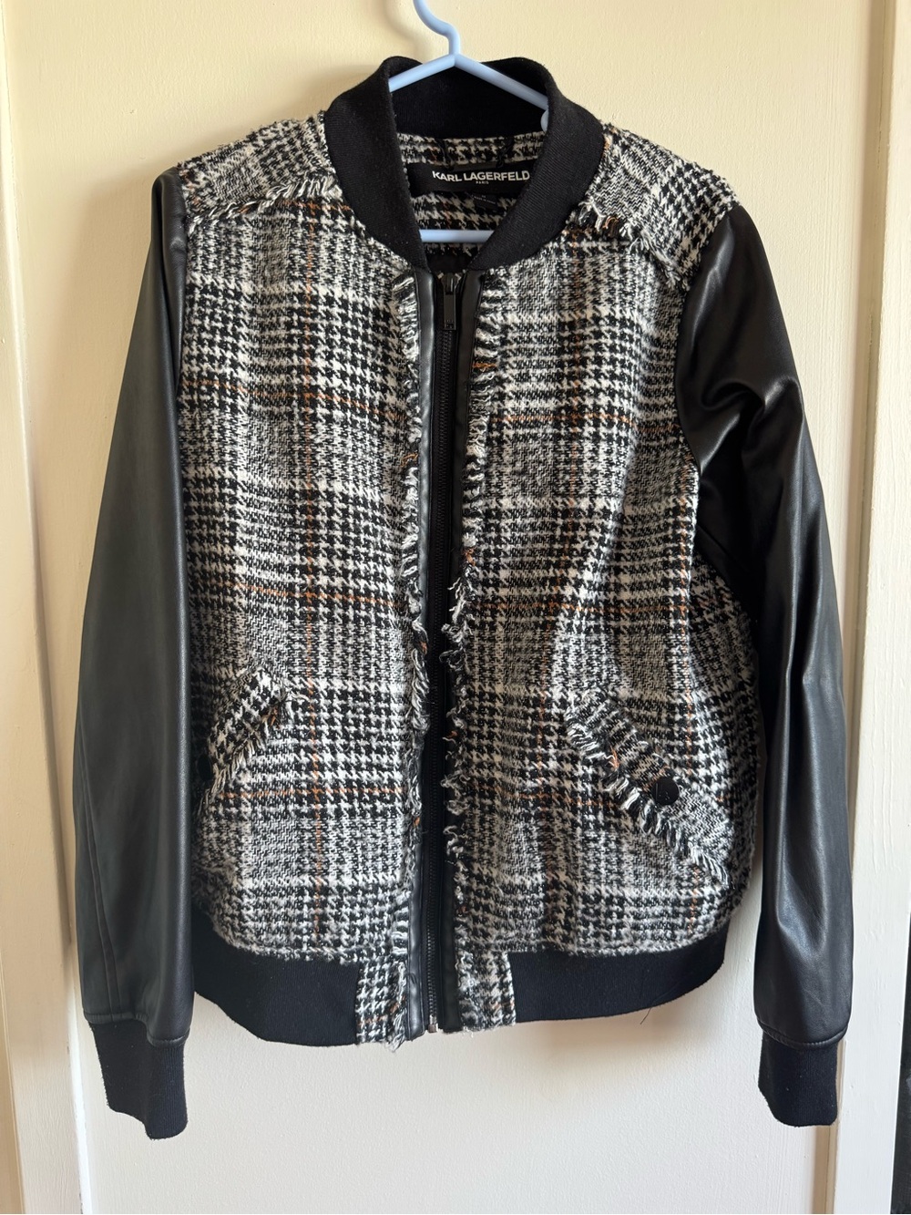 Karl Lagerfeld Black, White & Brown Houndstooth Bomber Jacket